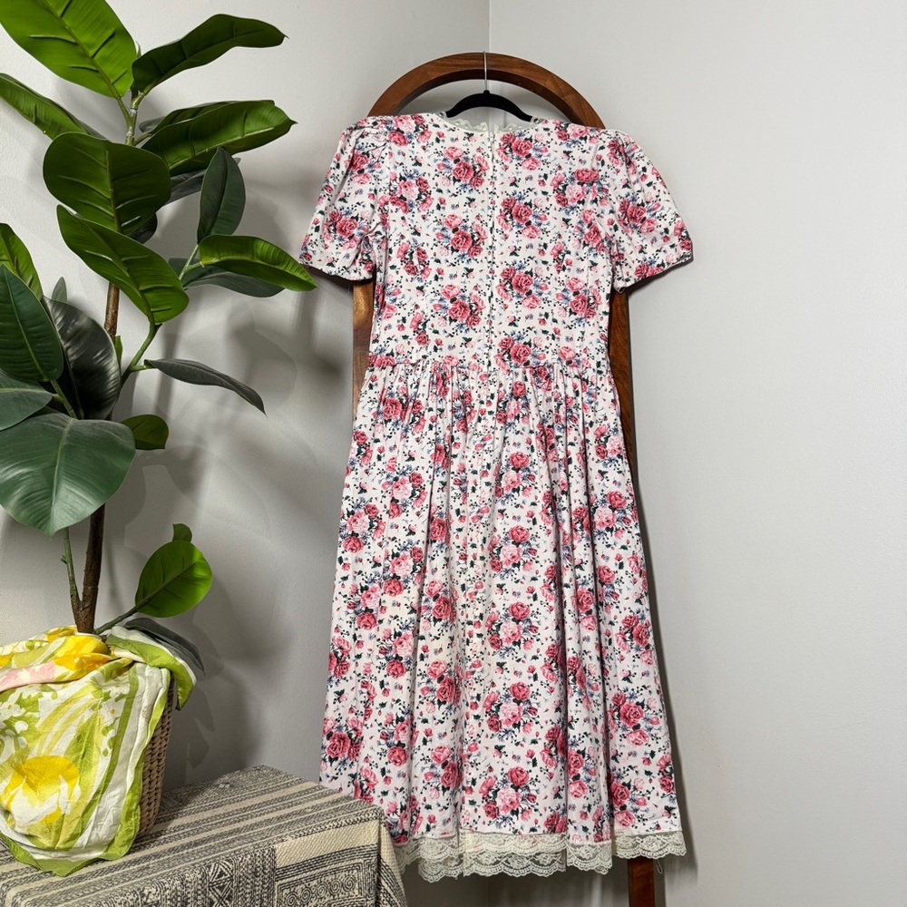Vintage Country Romance 14 Pink Floral Lace Trim Cottagecore Midi Dress - Picture 3 of 9